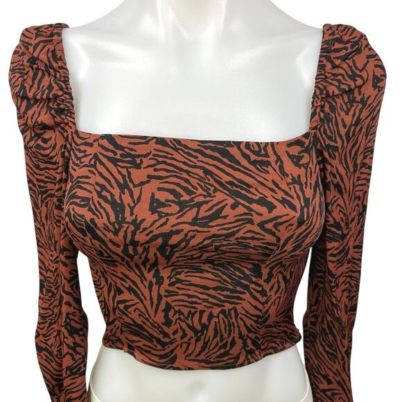 & Other Stories Brown Smocked Animal Zebra Print Square Long Sleeve Crop Top 0 - Picture 6 of 9